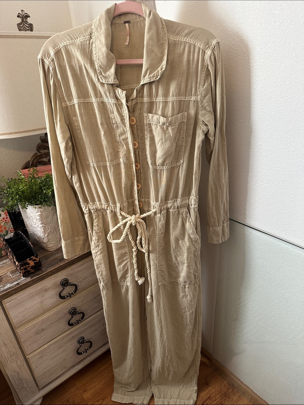 Free People Beige Long Sleeve Drawstring Jumpsuit